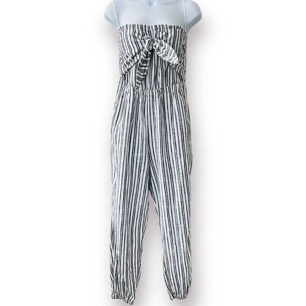Aerie 100% Cotton Jumpsuit Striped Blue White Strapless Bow Tie Front Medium